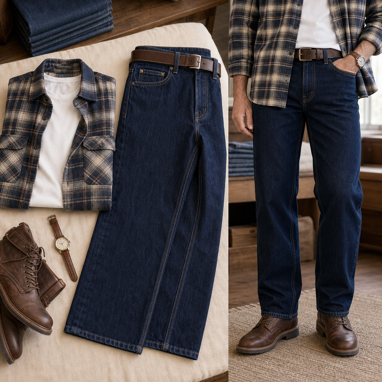 Natural fit straight-leg jeans styled with plaid shirt boots leather belt and tee
