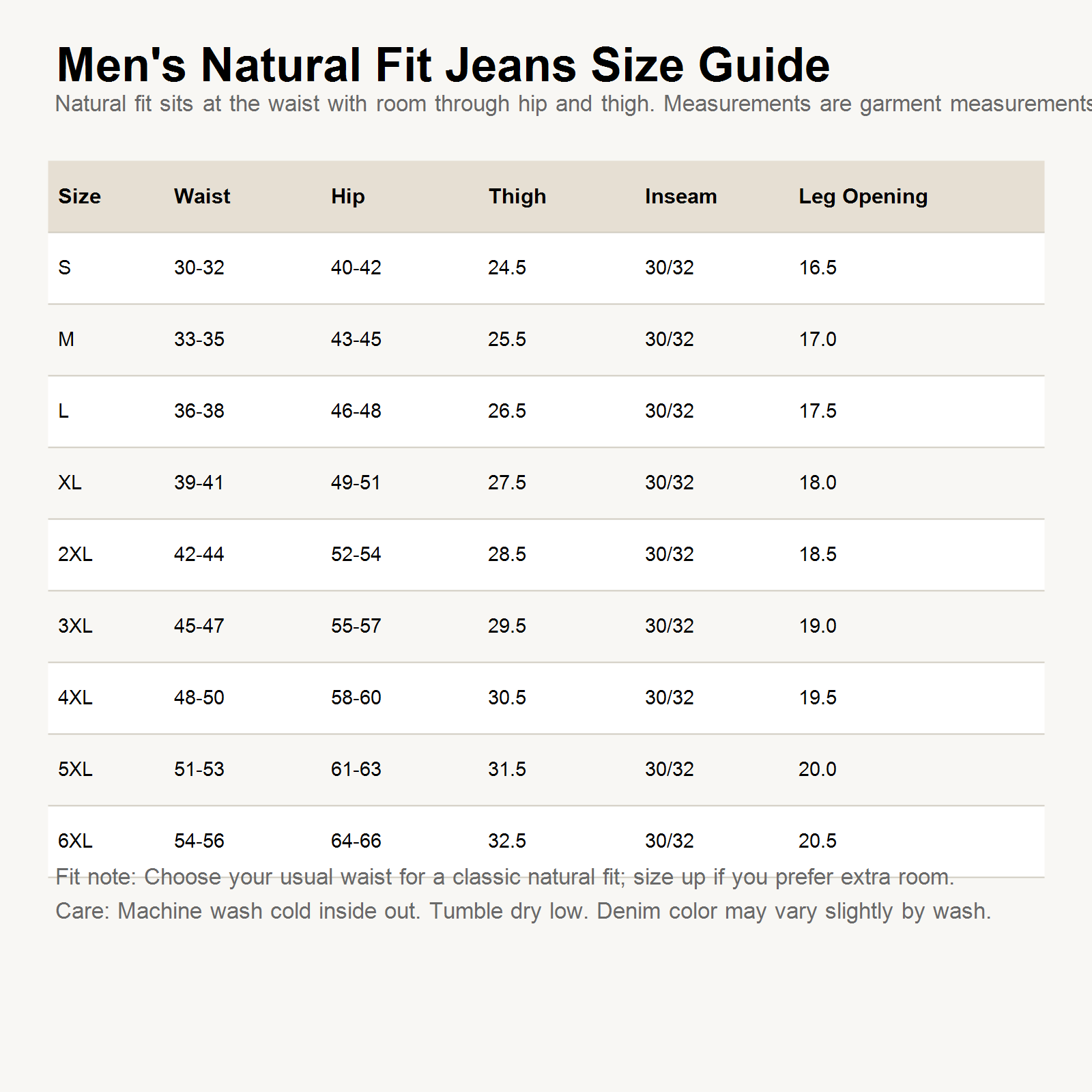 Men's natural fit straight-leg jeans size chart S-6XL