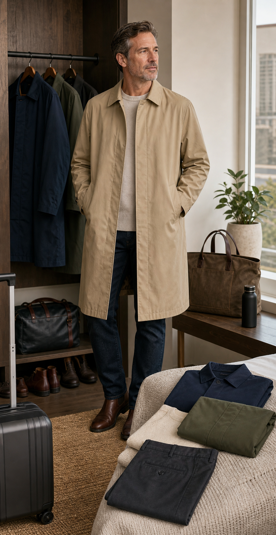 Men's long waterproof trench coat travel outfit styling