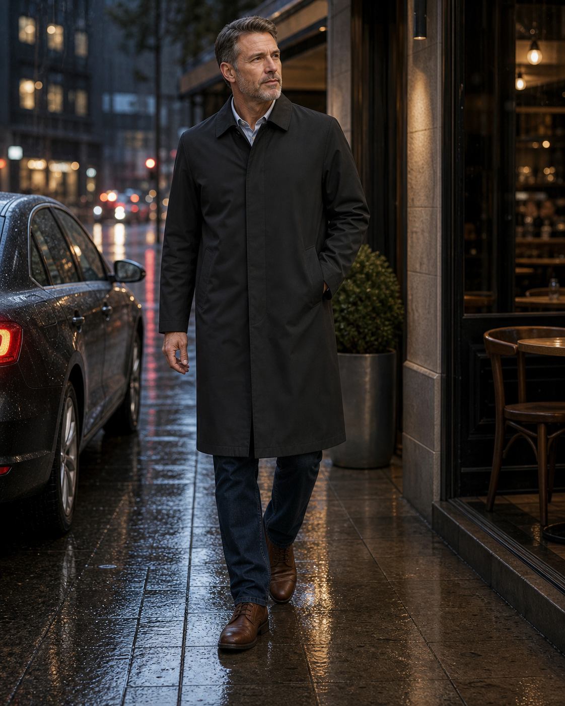 Men's long trench coat rainy city weekend scene