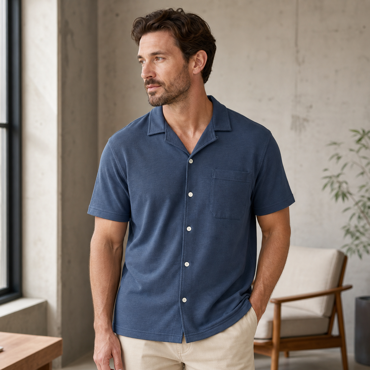 Man wearing a slate blue short sleeve knit camp collar shirt indoors