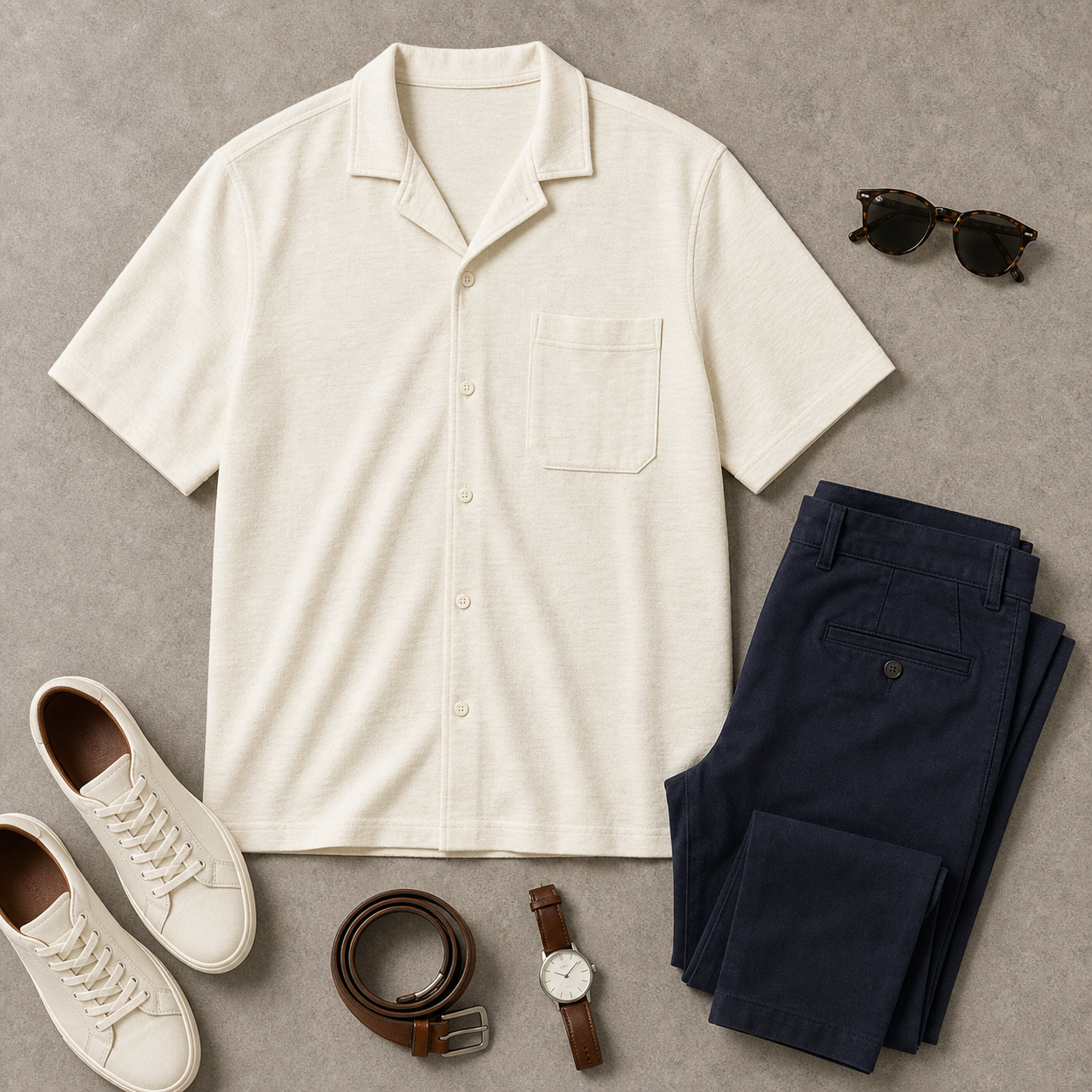 Ivory short sleeve knit camp shirt styled with navy pants sneakers belt and watch