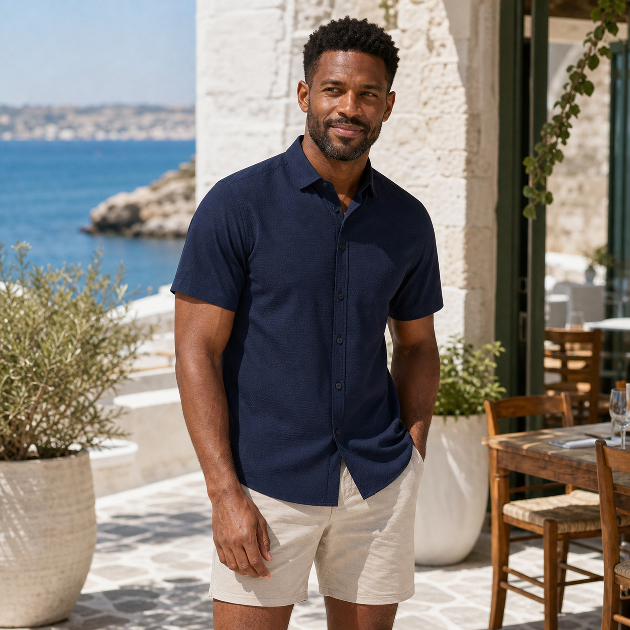 Model wearing navy short-sleeve performance travel shirt