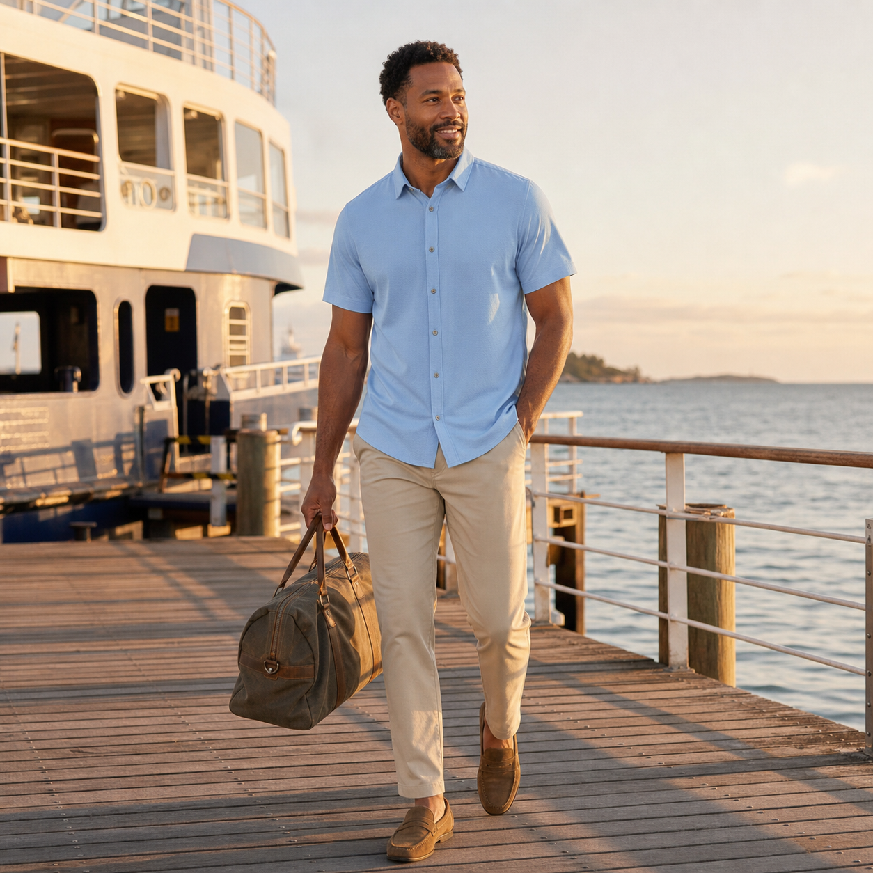 Men wearing sky blue short-sleeve performance travel shirt in coastal scene