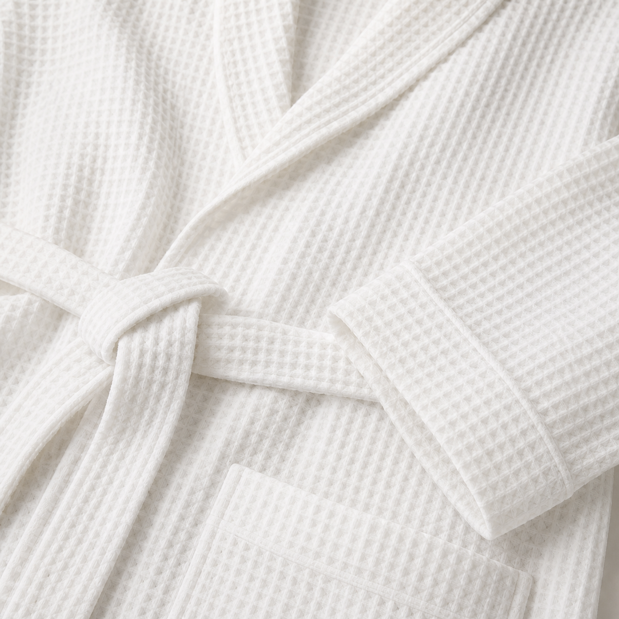 Close view of the waffle texture, collar, belt and pocket