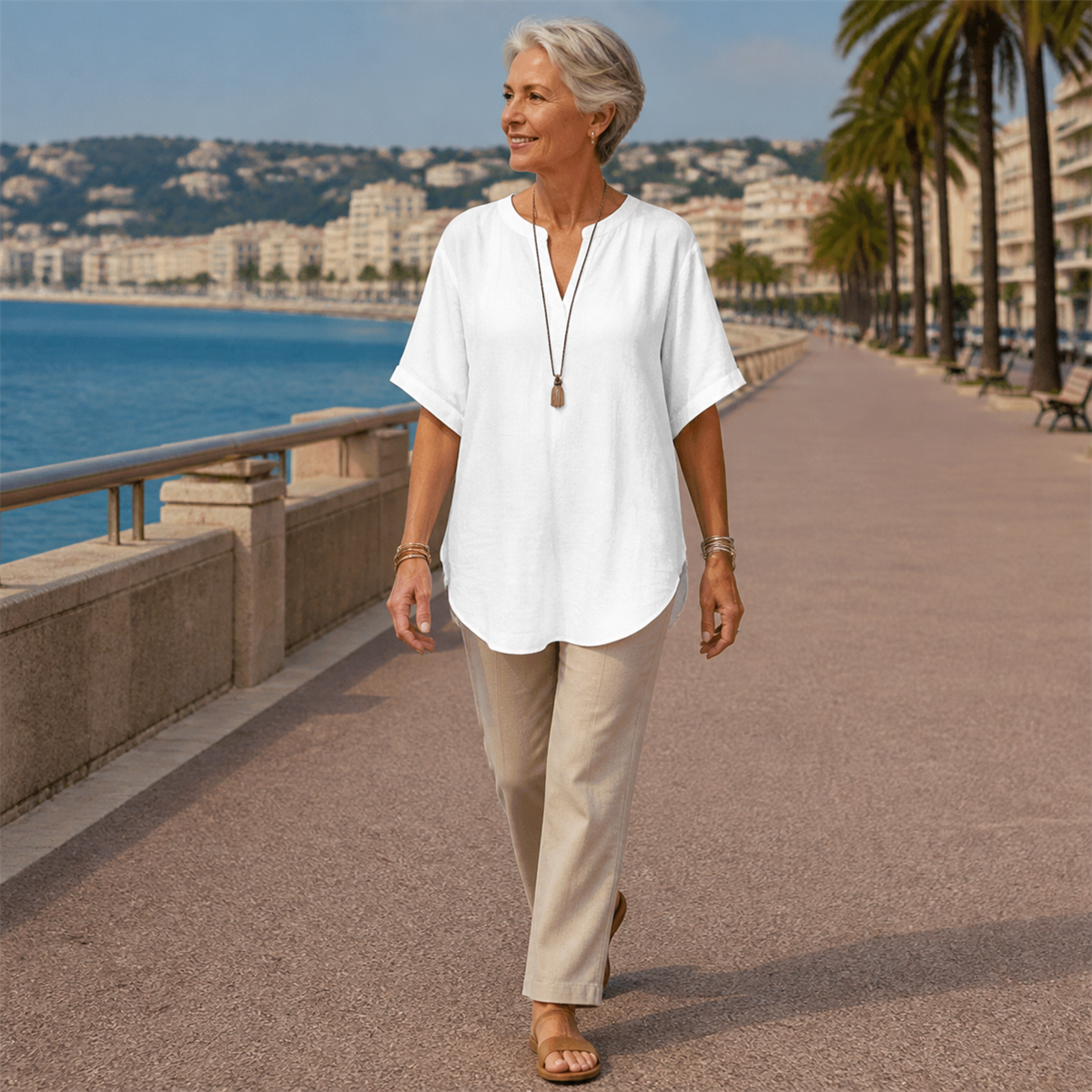 Top femme blanc port&eacute; lors d&rsquo;une promenade &agrave; Nice