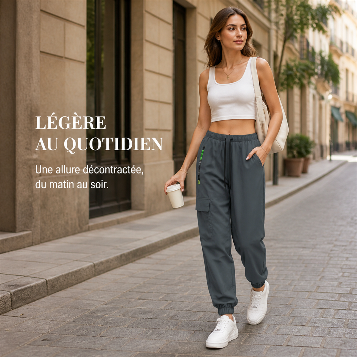 Pantalon cargo leger femme a chevilles elastiquees - Porte dans une scene quotidienne