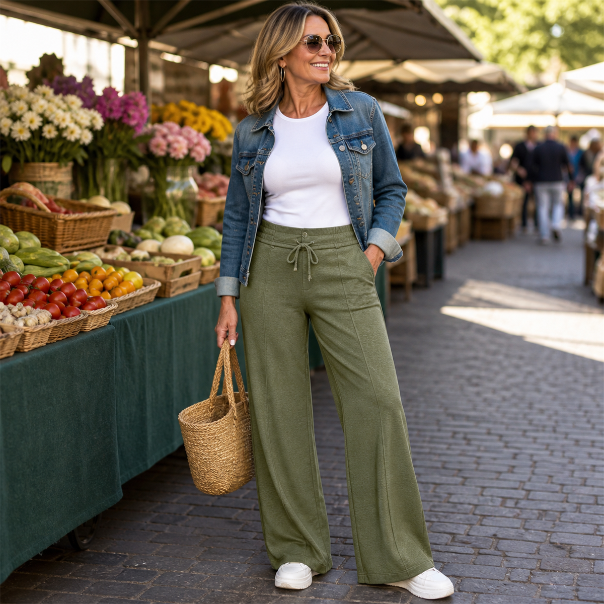 Pantalon large femme a taille elastiquee et cordon - Porte pendant le week-end