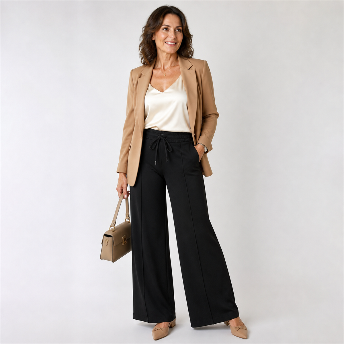 Pantalon large femme a taille elastiquee et cordon - Premiere idee de tenue