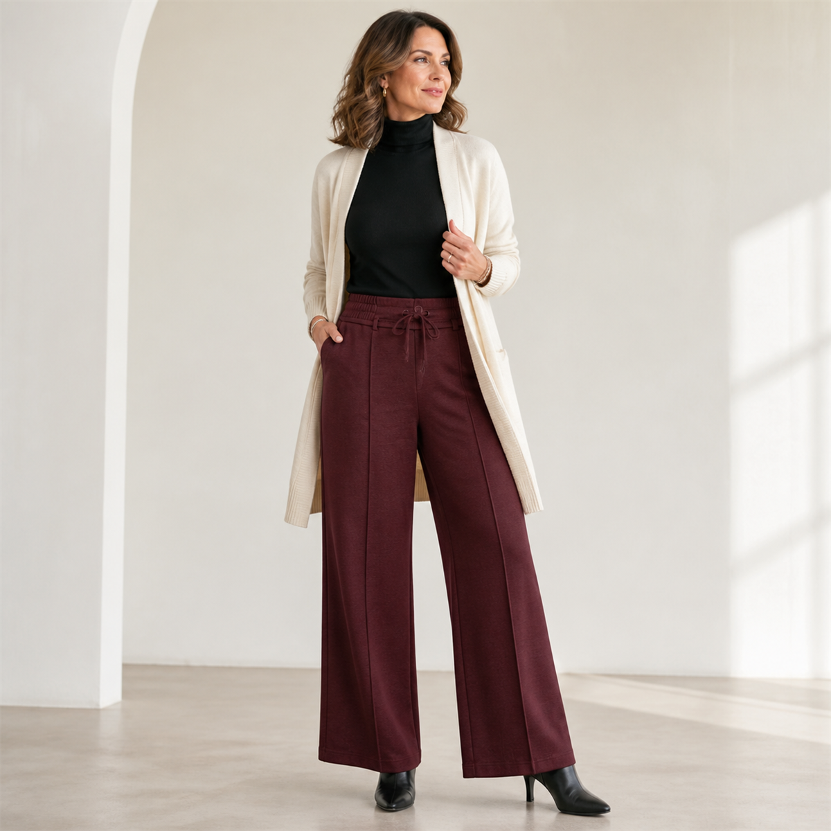 Pantalon large femme a taille elastiquee et cordon - Deuxieme idee de tenue