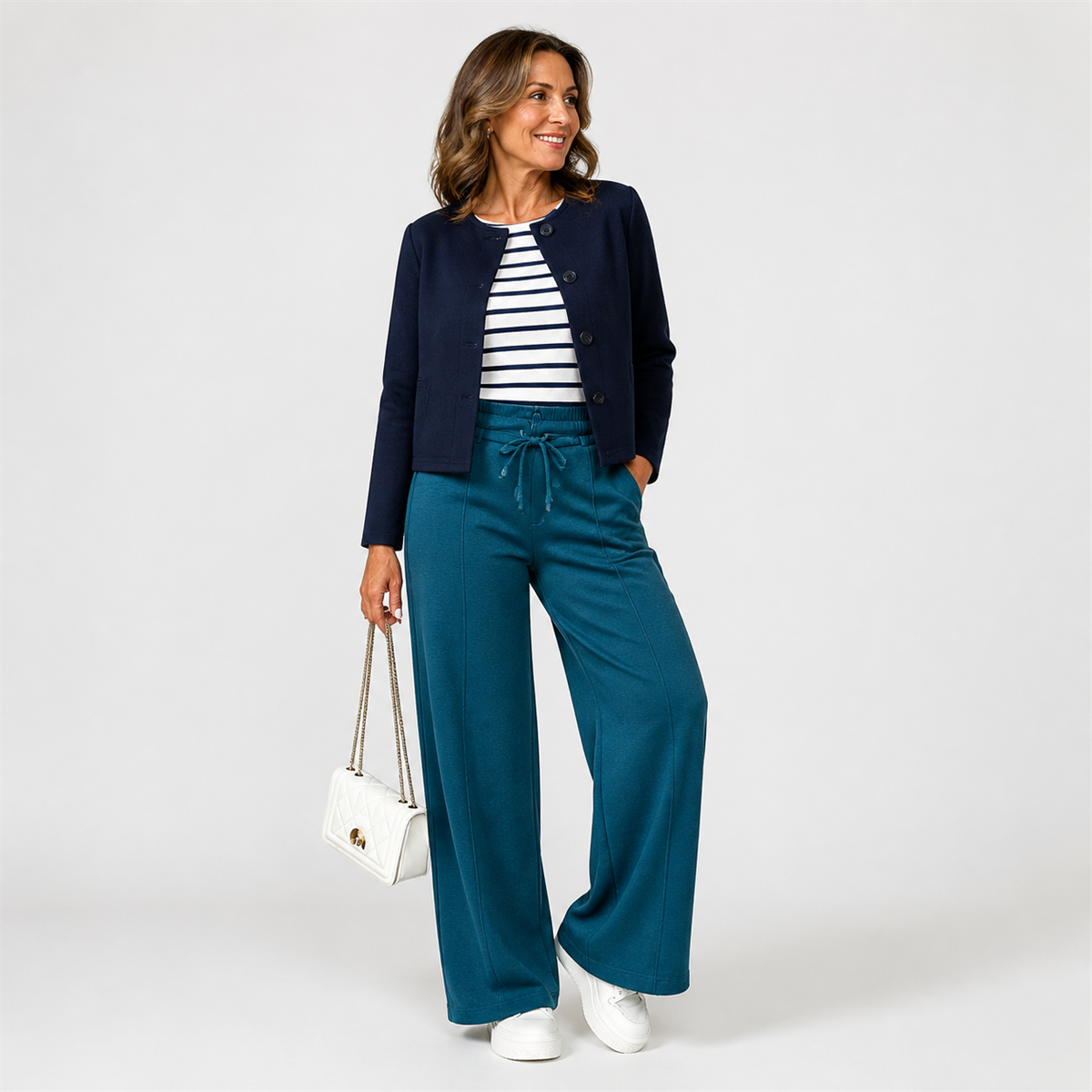 Pantalon large femme a taille elastiquee et cordon - Troisieme idee de tenue