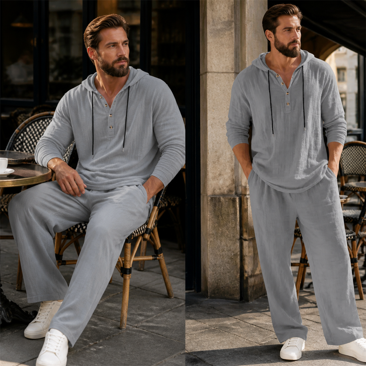 Ensemble homme avec haut Henley a capuche et pantalon decontracte - Porte en ville