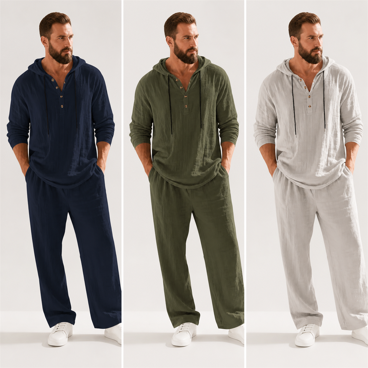 Ensemble homme avec haut Henley a capuche et pantalon decontracte - Premiere idee de tenue