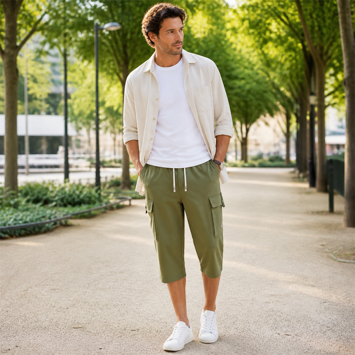 Pantacourt cargo homme a taille elastiquee et cordon - Troisieme idee de tenue