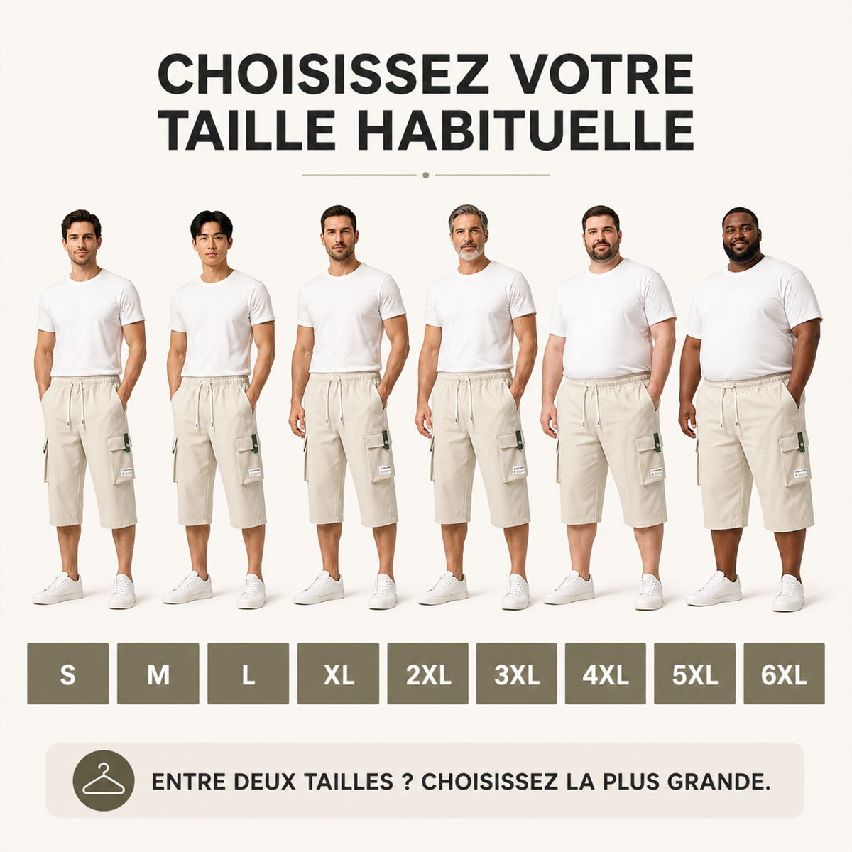 Pantacourt cargo homme a taille elastiquee et cordon - Guide general des tailles homme