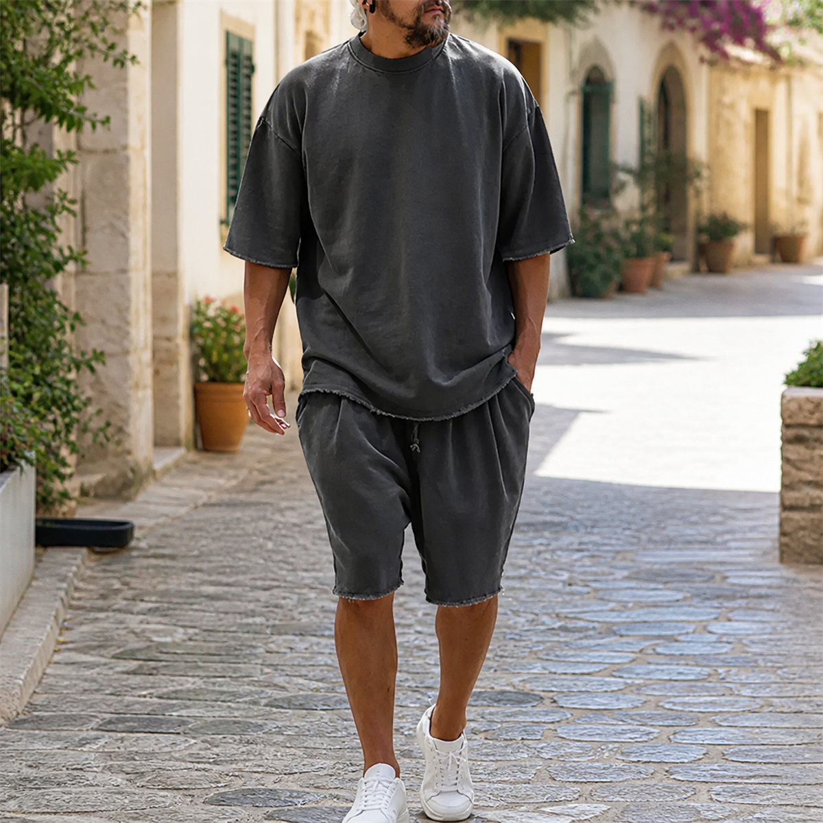 Ensemble homme avec t-shirt ample et short a cordon aux bords francs - Porte dans une scene quotidienne