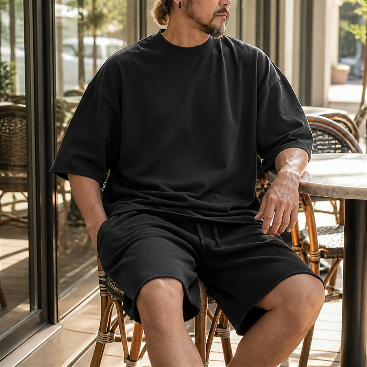 Ensemble homme avec t-shirt ample et short a cordon aux bords francs - Porte en ville
