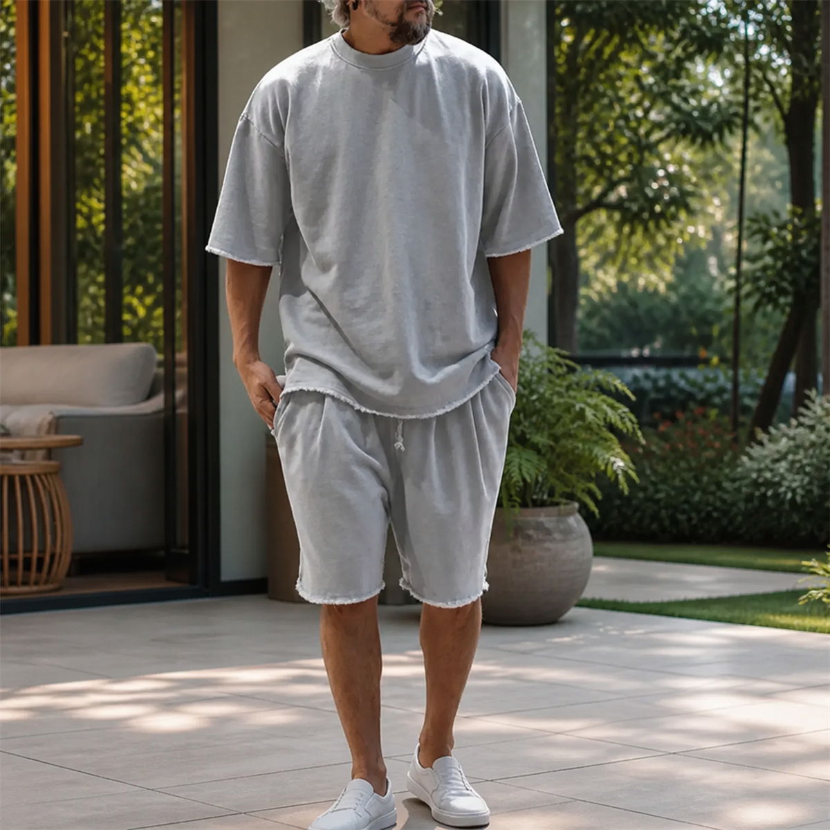 Ensemble homme avec t-shirt ample et short a cordon aux bords francs - Porte pendant le week-end