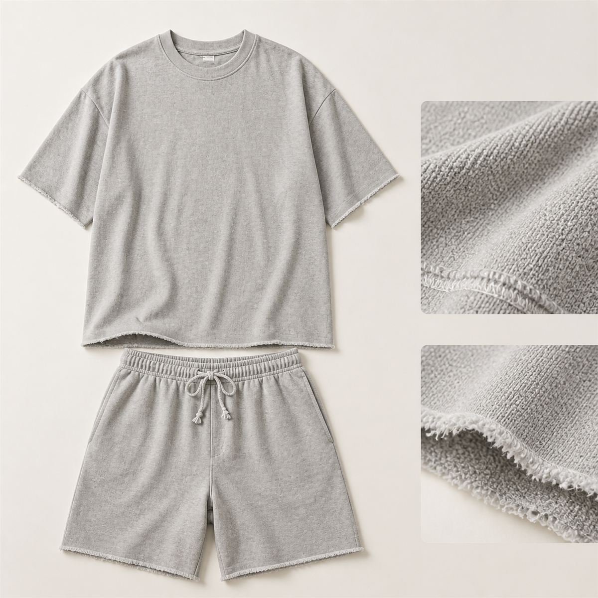 Ensemble homme avec t-shirt ample et short a cordon aux bords francs - Detail : short assorti a taille elastiquee et cordon