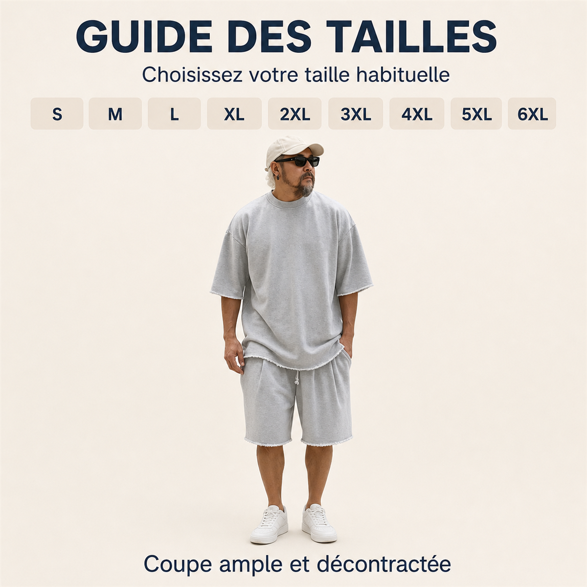 Ensemble homme avec t-shirt ample et short a cordon aux bords francs - Guide general des tailles homme