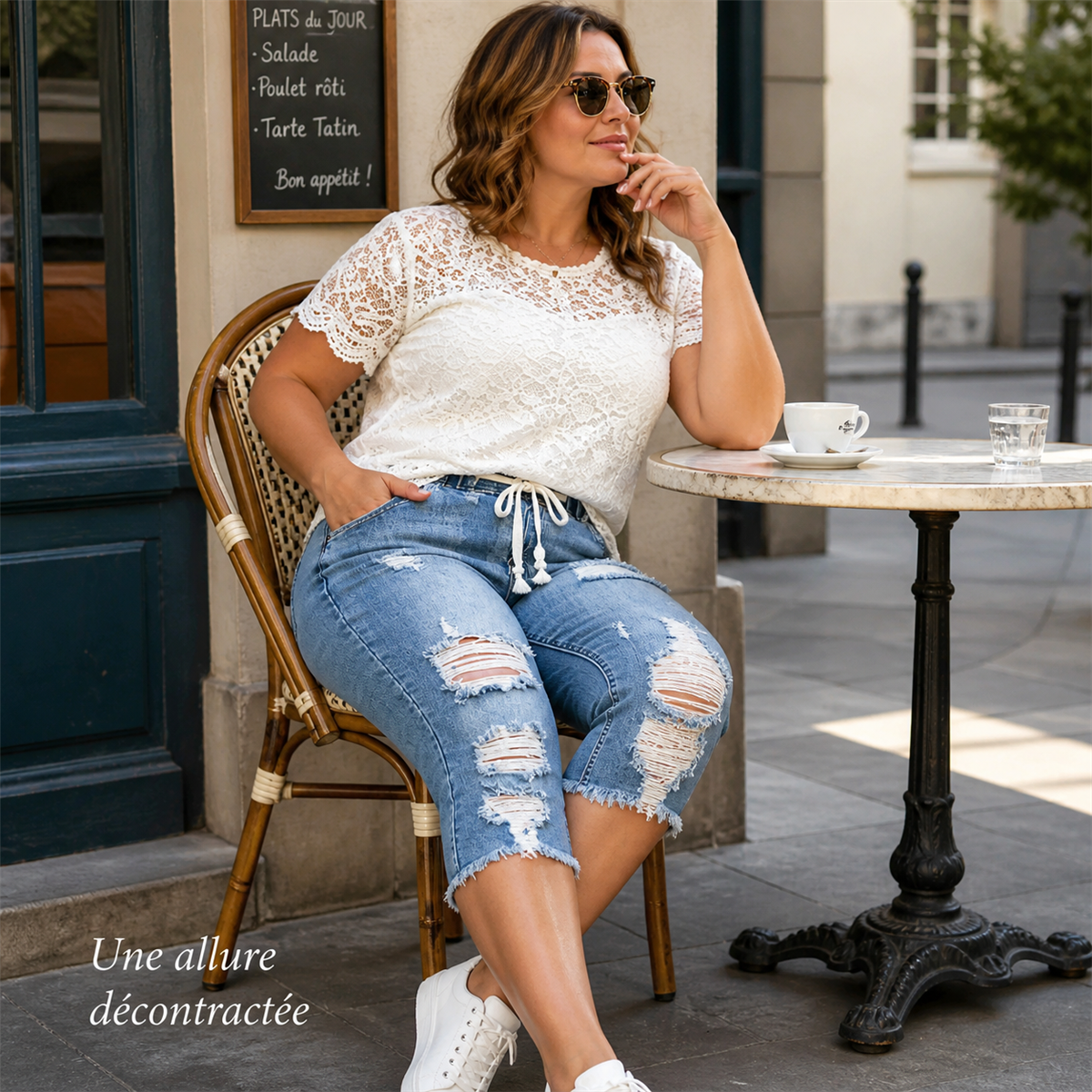 Pantacourt en jean déchiré femme à taille coulissée - Porte en ville