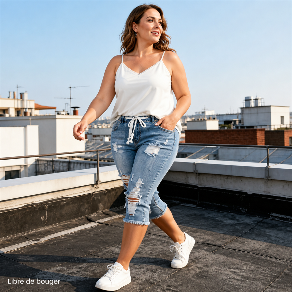 Pantacourt en jean déchiré femme à taille coulissée - Porte pendant le week-end