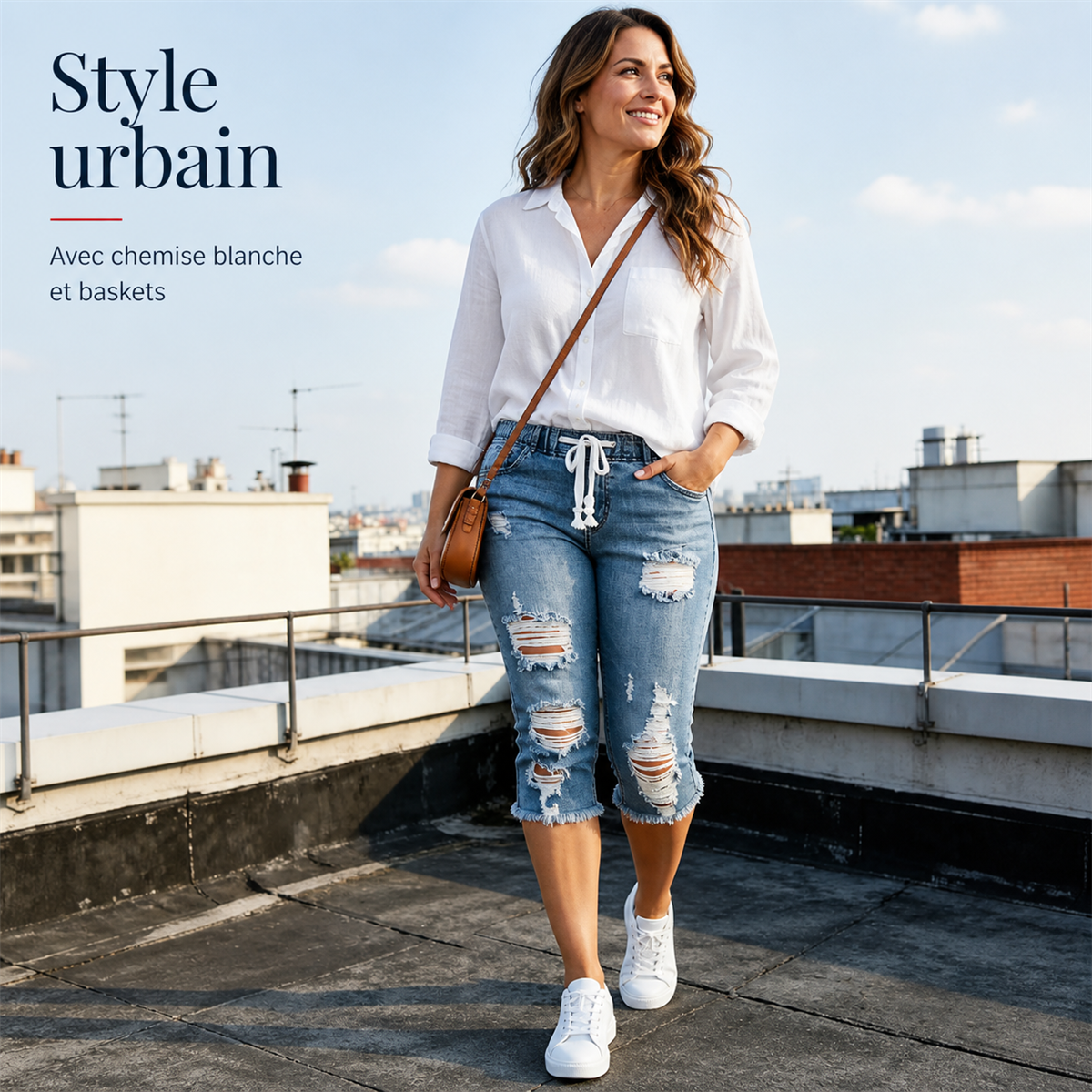 Pantacourt en jean déchiré femme à taille coulissée - Premiere idee de tenue