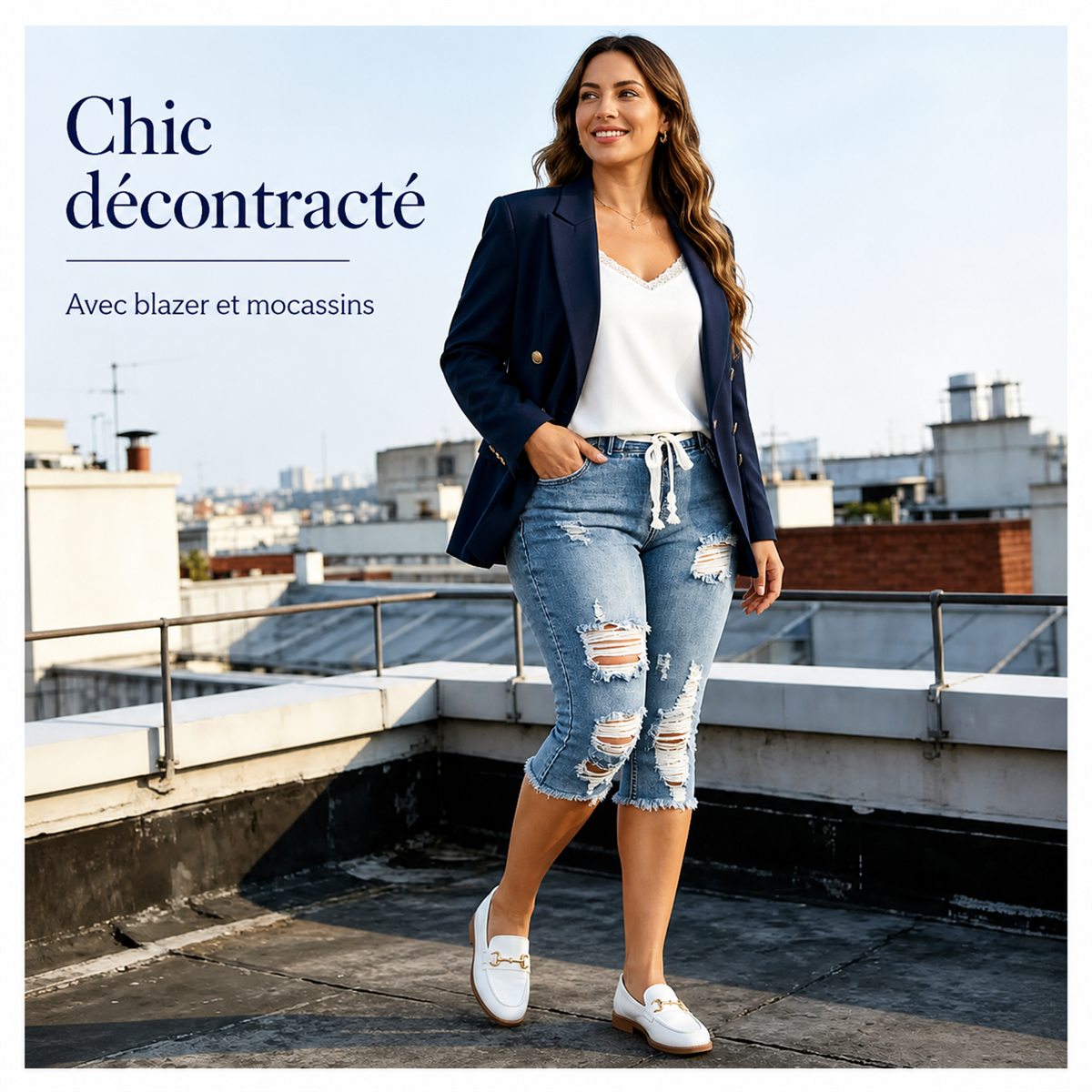 Pantacourt en jean déchiré femme à taille coulissée - Troisieme idee de tenue