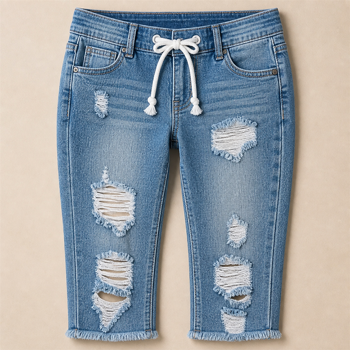 Pantacourt en jean déchiré femme à taille coulissée - Detail : taille coulissée avec cordon visible