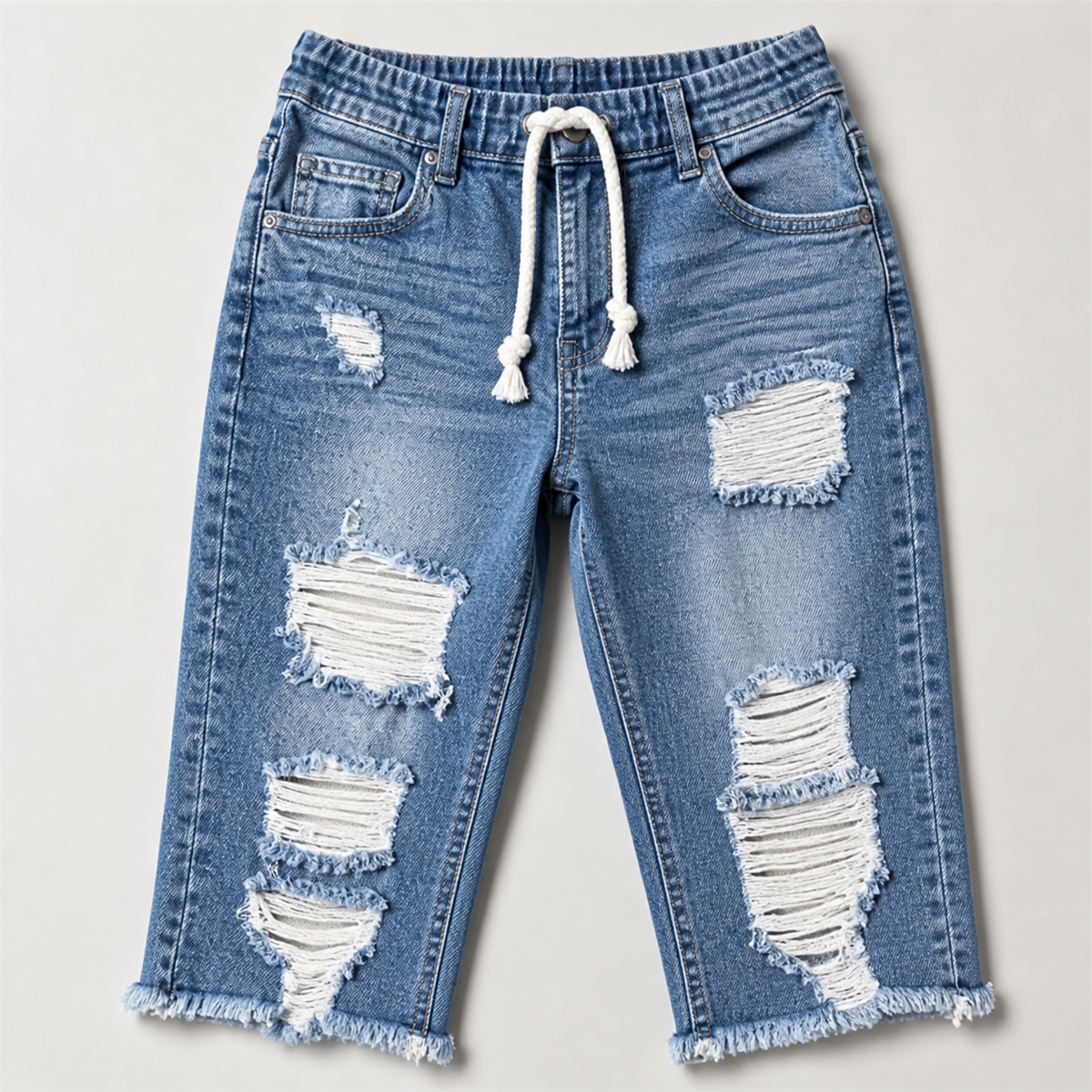Pantacourt en jean déchiré femme à taille coulissée - Detail : détails déchirés placés sur les jambes