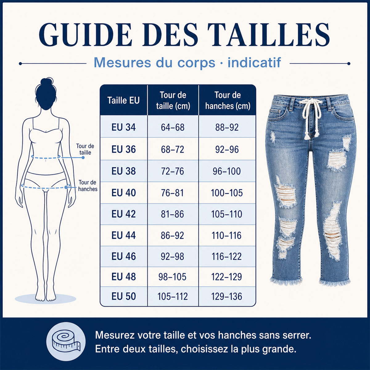 Pantacourt en jean déchiré femme à taille coulissée - Guide general des tailles femme