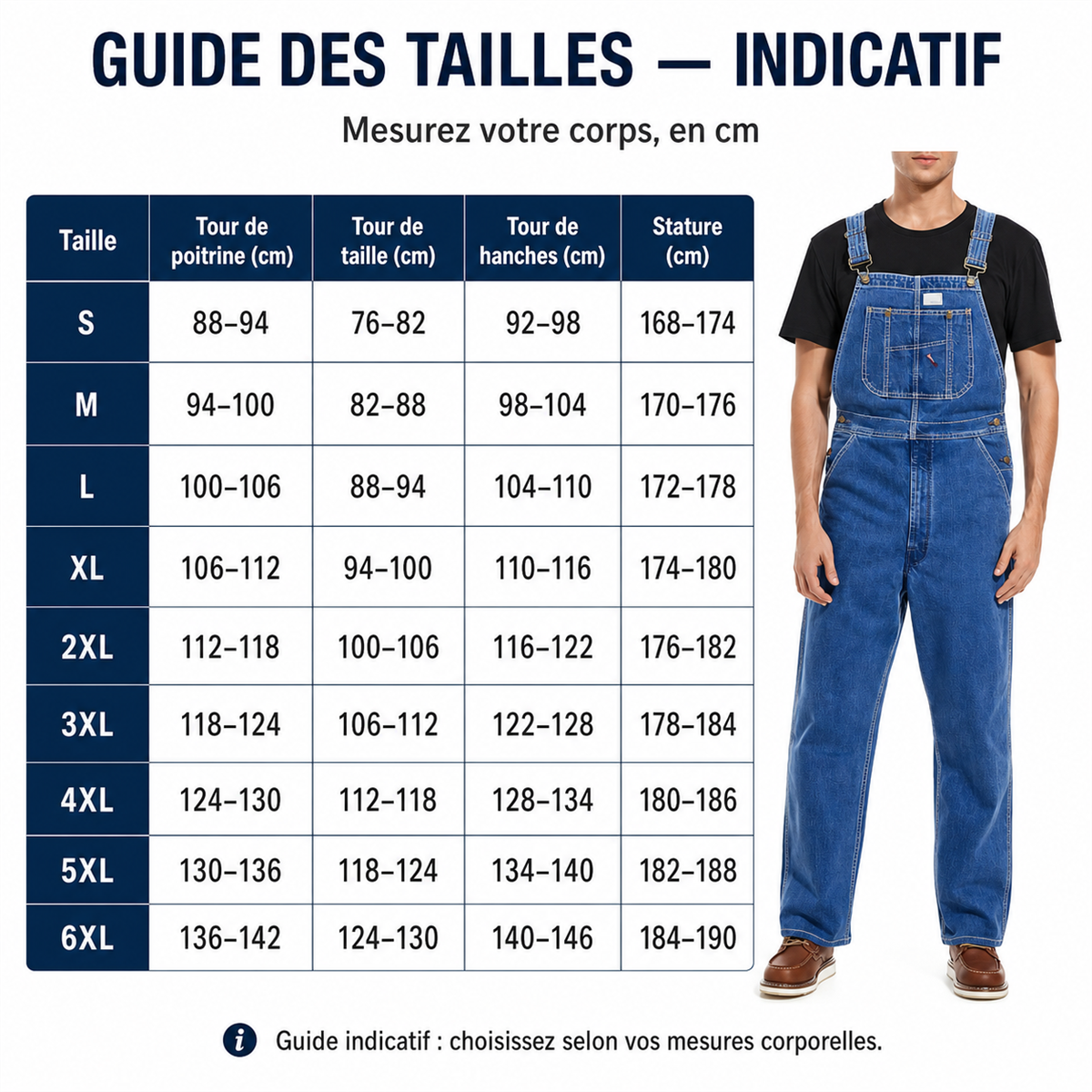 Salopette en jean homme à coupe droite et poche bavette - Guide general des tailles homme