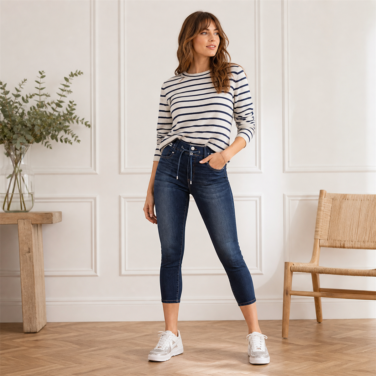 Pantacourt en jean ajusté femme à taille coulissée - Deuxieme idee de tenue