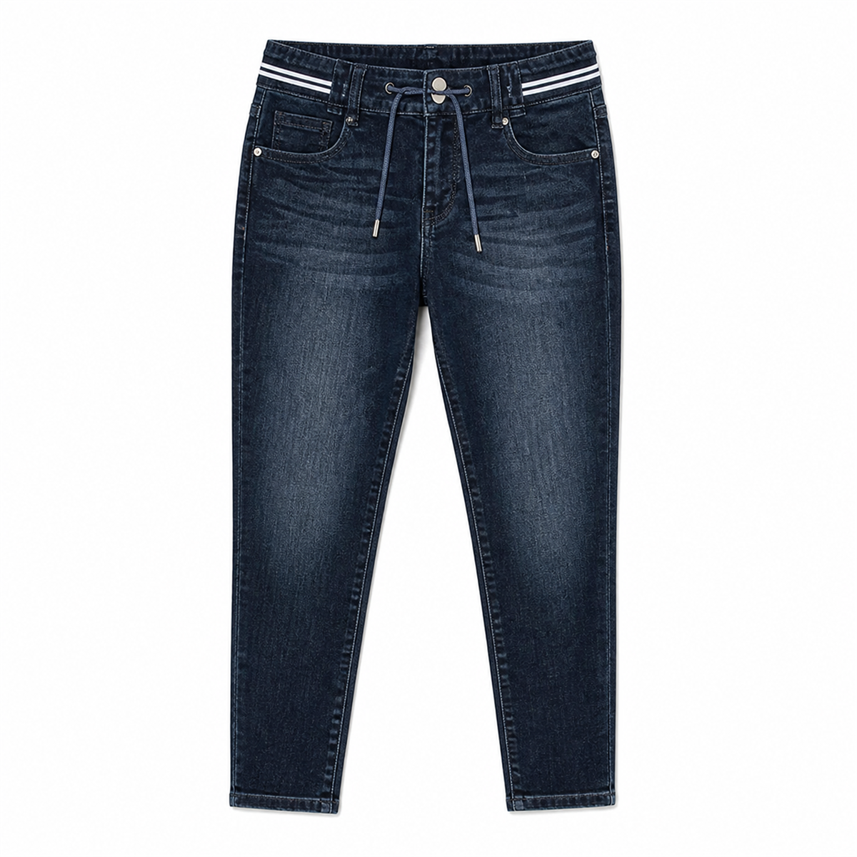 Pantacourt en jean ajusté femme à taille coulissée - Detail : taille coulissée avec bouton et cordon