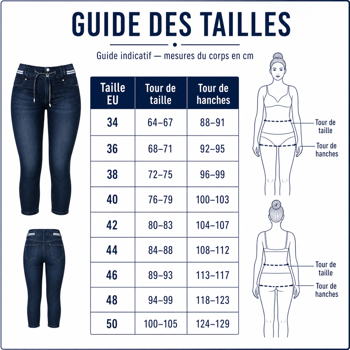 Pantacourt en jean ajusté femme à taille coulissée - Guide general des tailles femme