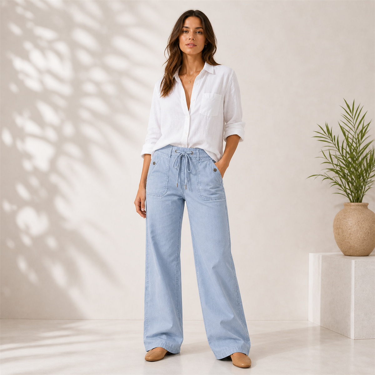 Jean large femme à taille coulissée et grandes poches plaquées - Premiere idee de tenue