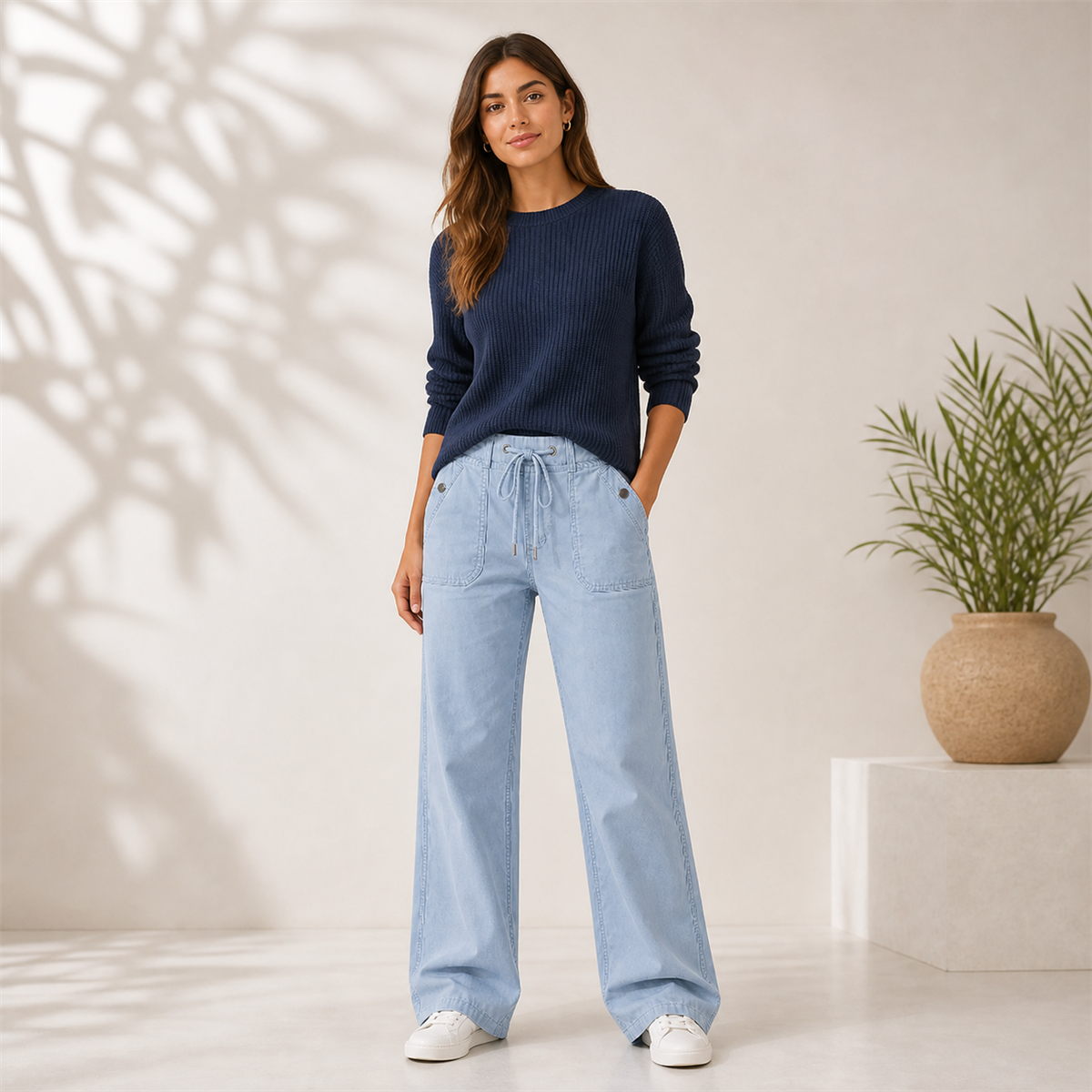 Jean large femme à taille coulissée et grandes poches plaquées - Deuxieme idee de tenue