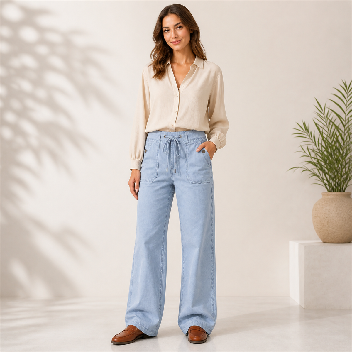 Jean large femme à taille coulissée et grandes poches plaquées - Troisieme idee de tenue