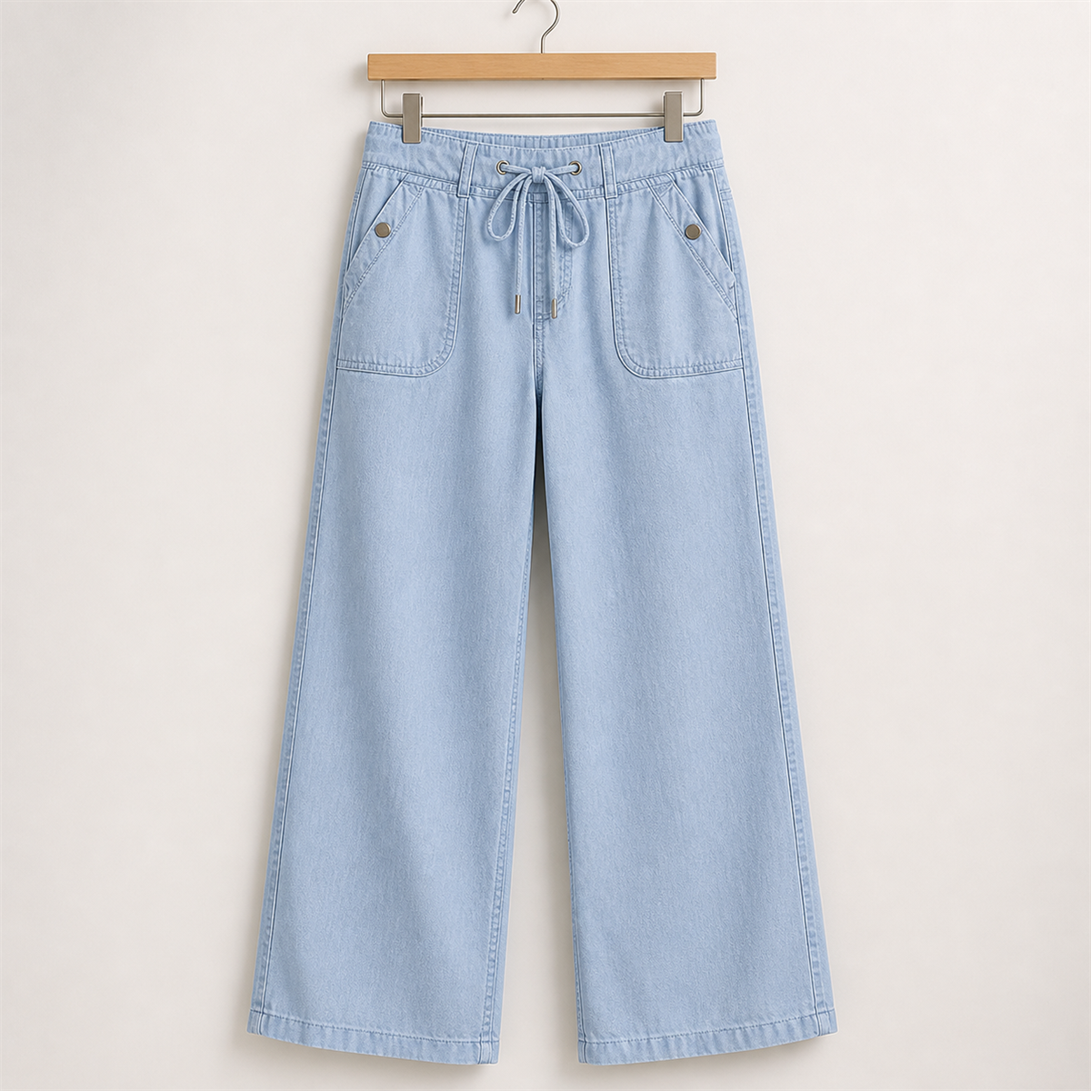 Jean large femme à taille coulissée et grandes poches plaquées - Detail : jambes larges pleine longueur