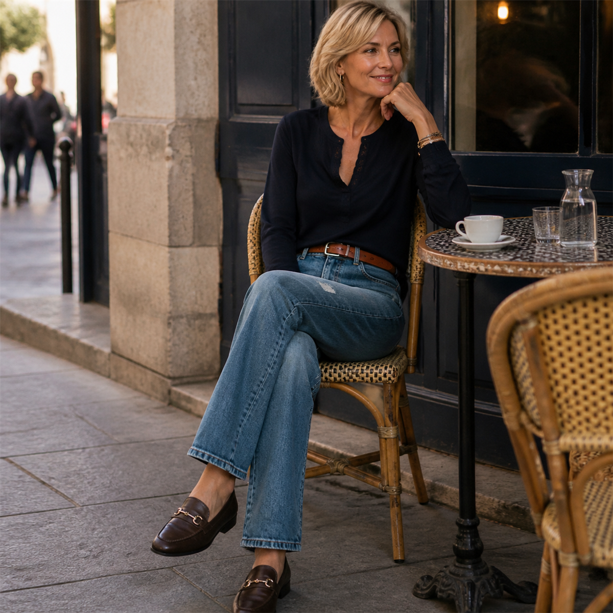 Jean droit délavé femme à détails usés - Porte dans une scene quotidienne