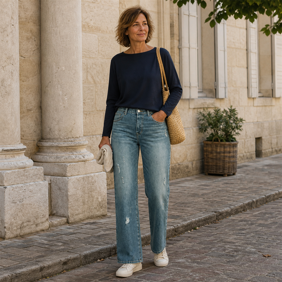 Jean droit délavé femme à détails usés - Porte pendant le week-end