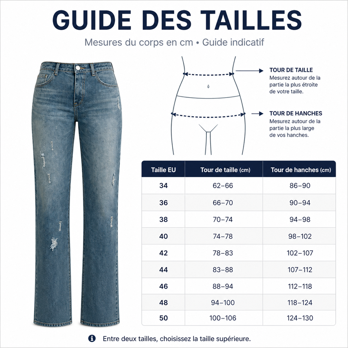 Jean droit délavé femme à détails usés - Guide general des tailles femme