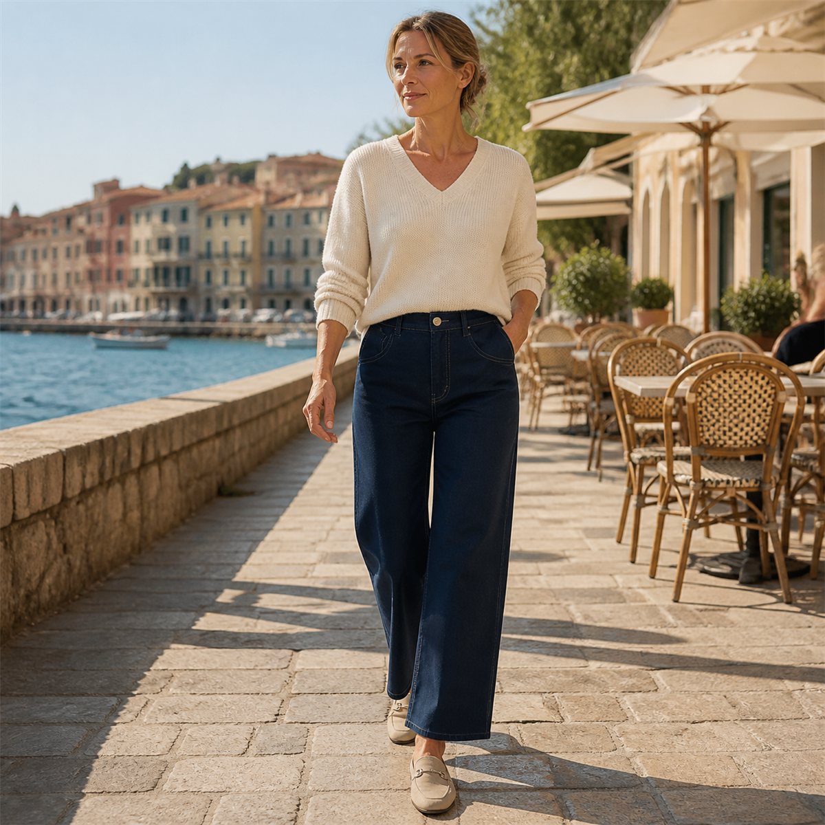 Pantalon court large femme à taille boutonnée - Porte dans une scene quotidienne