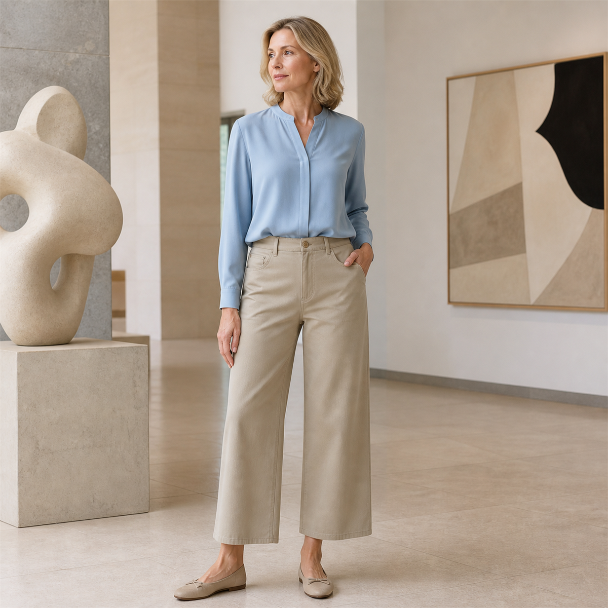 Pantalon court large femme à taille boutonnée - Porte en ville