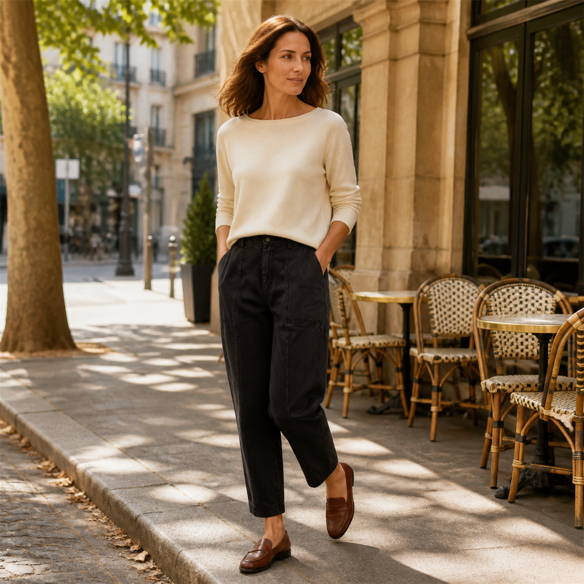 Pantalon utilitaire femme &agrave; coupe fusel&eacute;e - Porte dans une scene quotidienne