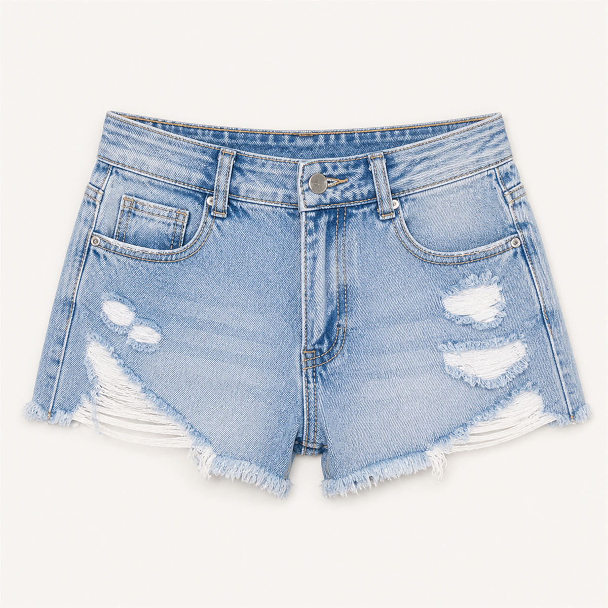 Short en jean déchiré femme - Detail : taille classique à bouton
