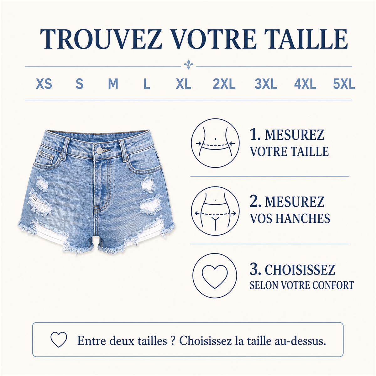 Short en jean déchiré femme - Guide general des tailles femme