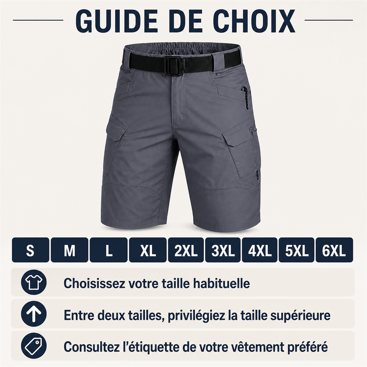 Short tactique homme avec ceinture - Guide general des tailles homme