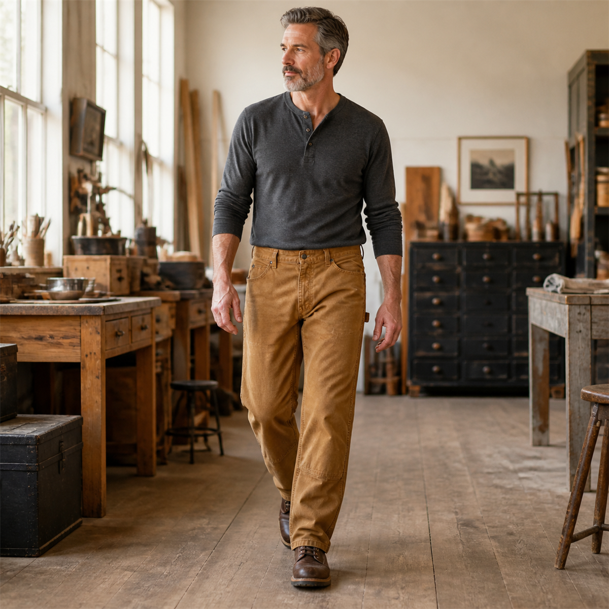 Pantalon de travail droit homme - Porte dans une scene quotidienne