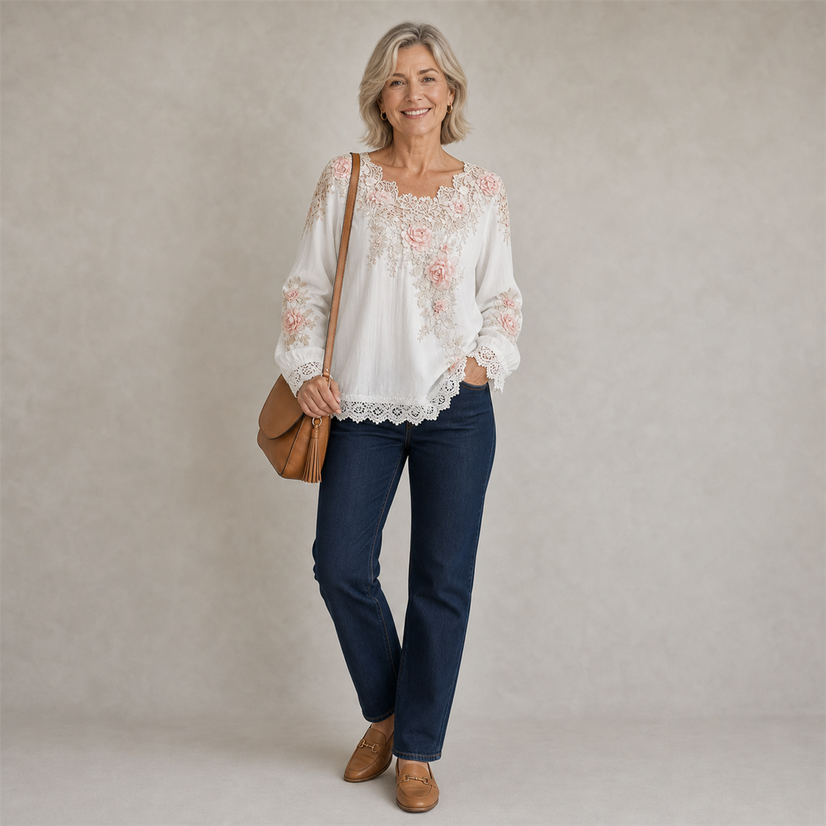 Florale Spitzenbluse mit Jeans kombiniert